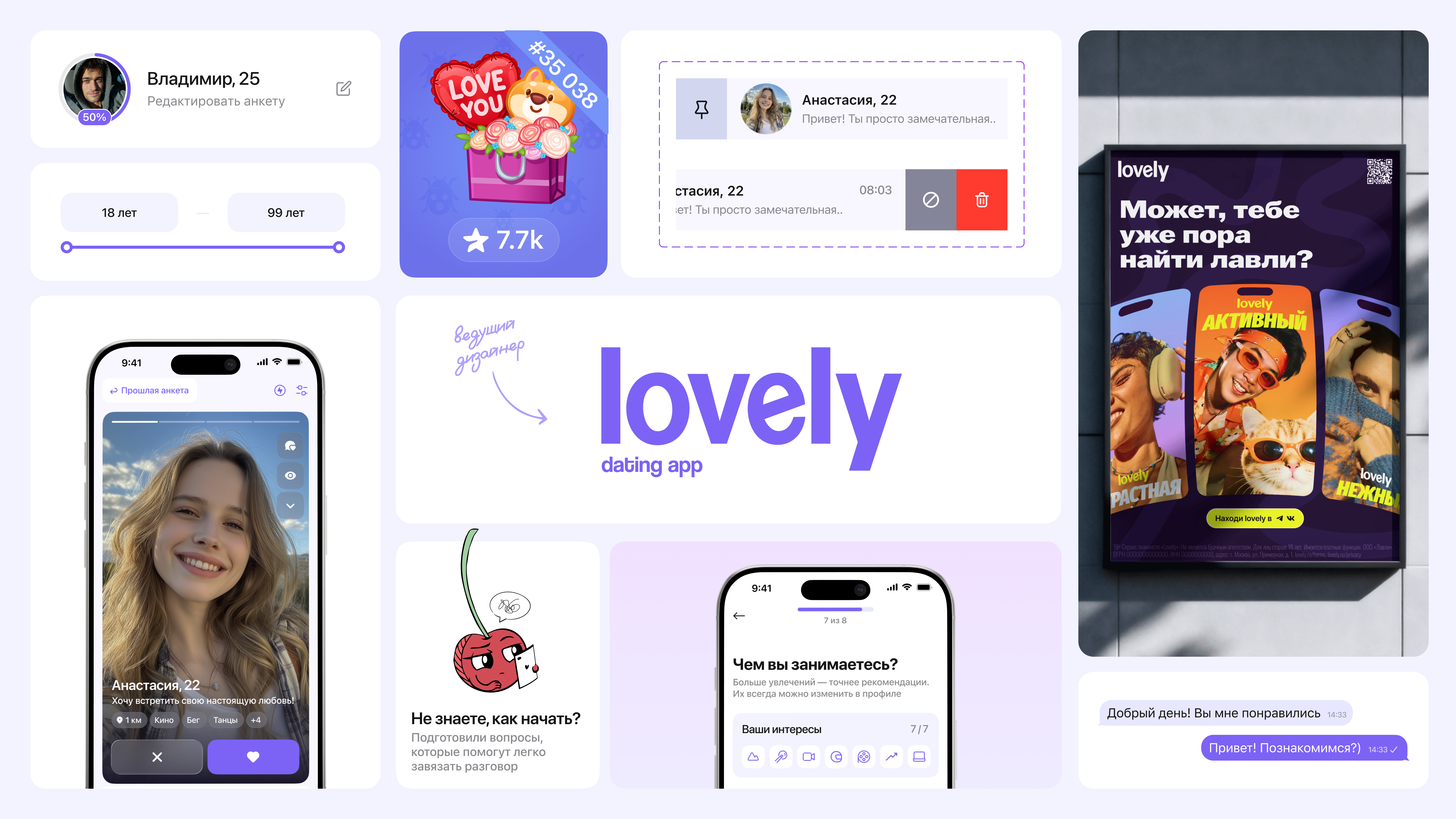 Коллаж интерфейсов и визуала приложения Lovely